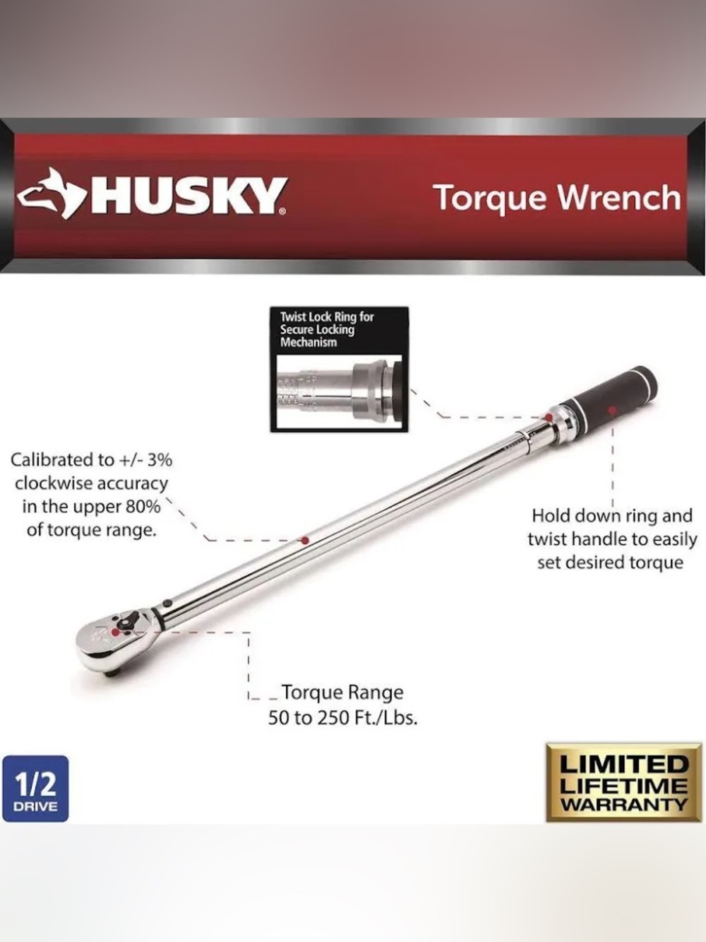 Husky 1/2 drive Torque Wrench with Chrome Shaft